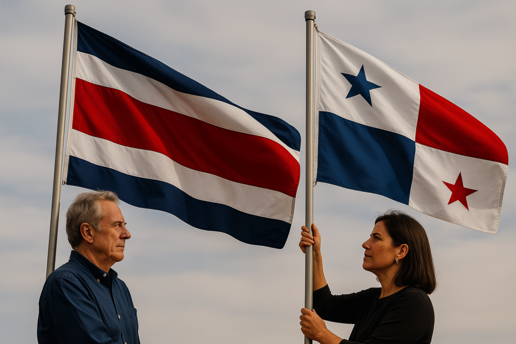 Personas sosteniendo las banderas de Costa Rica y Panamá de forma realista, con expresión de orgullo nacional.