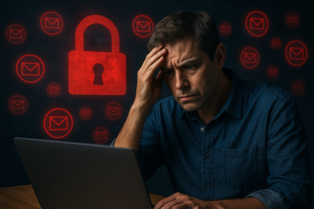 Usuarios preocupados frente a computadoras mientras alertas de seguridad y correos electrónicos expuestos aparecen en pantalla.