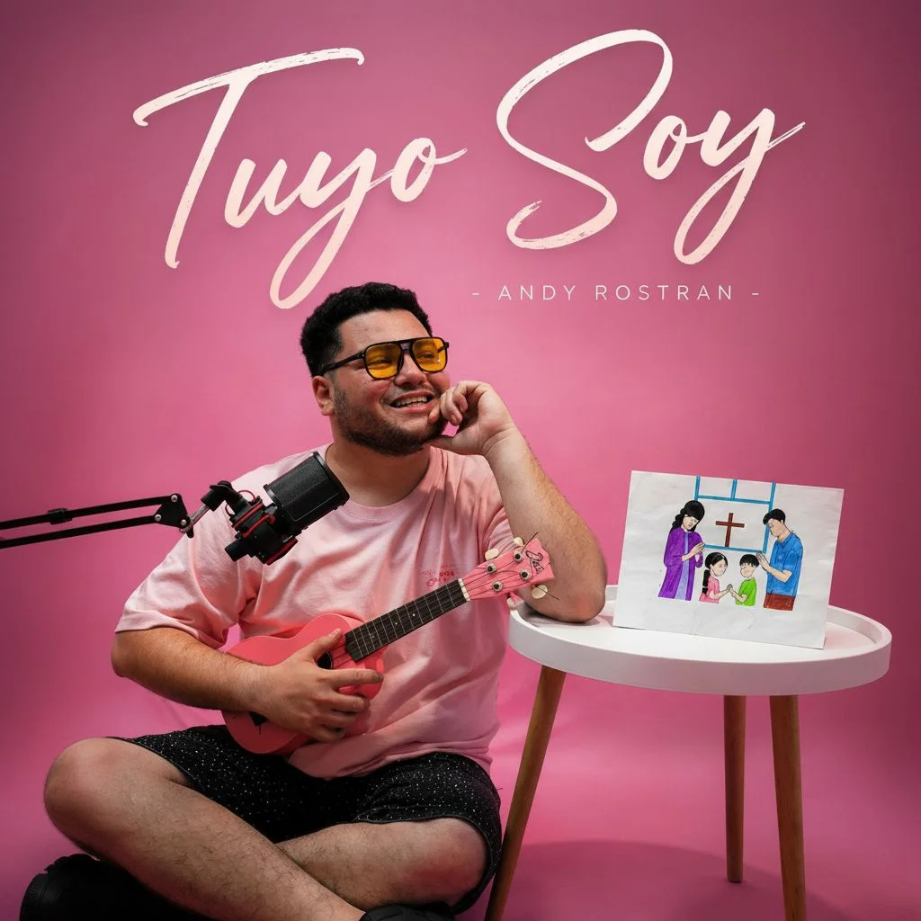 Portada del sencillo Tuyo Soy de Andy Rostrán cantante cristiano en Nicaragua tocando ukulele frente a un micrófono